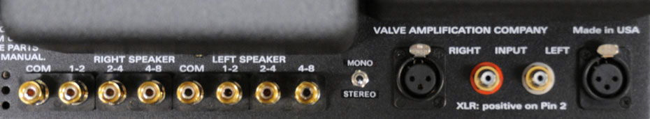 Rear panel connections of the VAC Phi 200 vacuum tube monoblock power amplifier