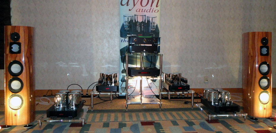 Ayon Audio system; CD-5S Tube Pre/DAC/CD Player, Orthos II Mono Block Amplifiers (inside), Vulcan II Amplifiers (outside), Lumenwhite Artisan Loudspeakers, and VOVOX cablin